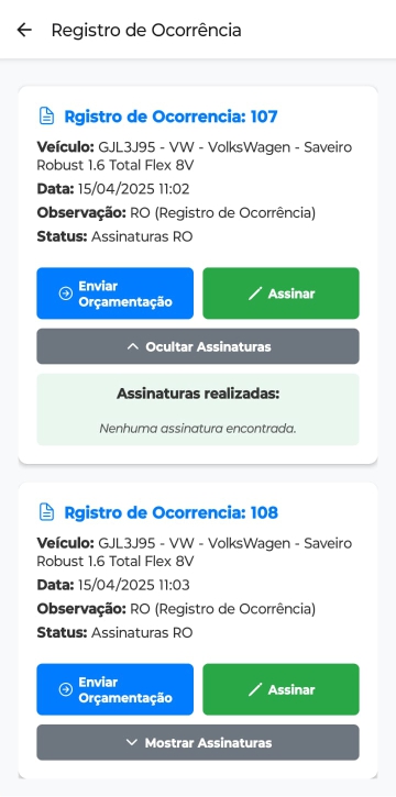 Tela de ocorrências