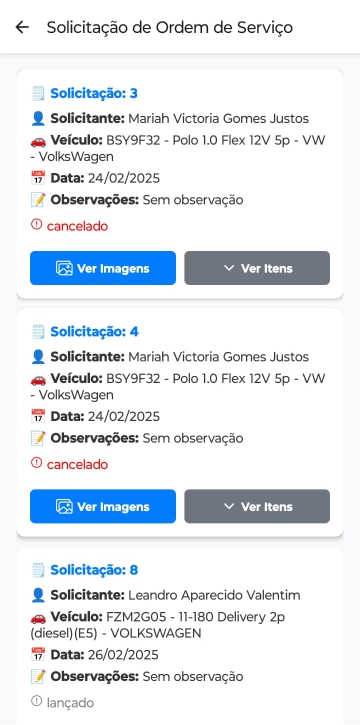 Tela de solicitação de ordem de serviço